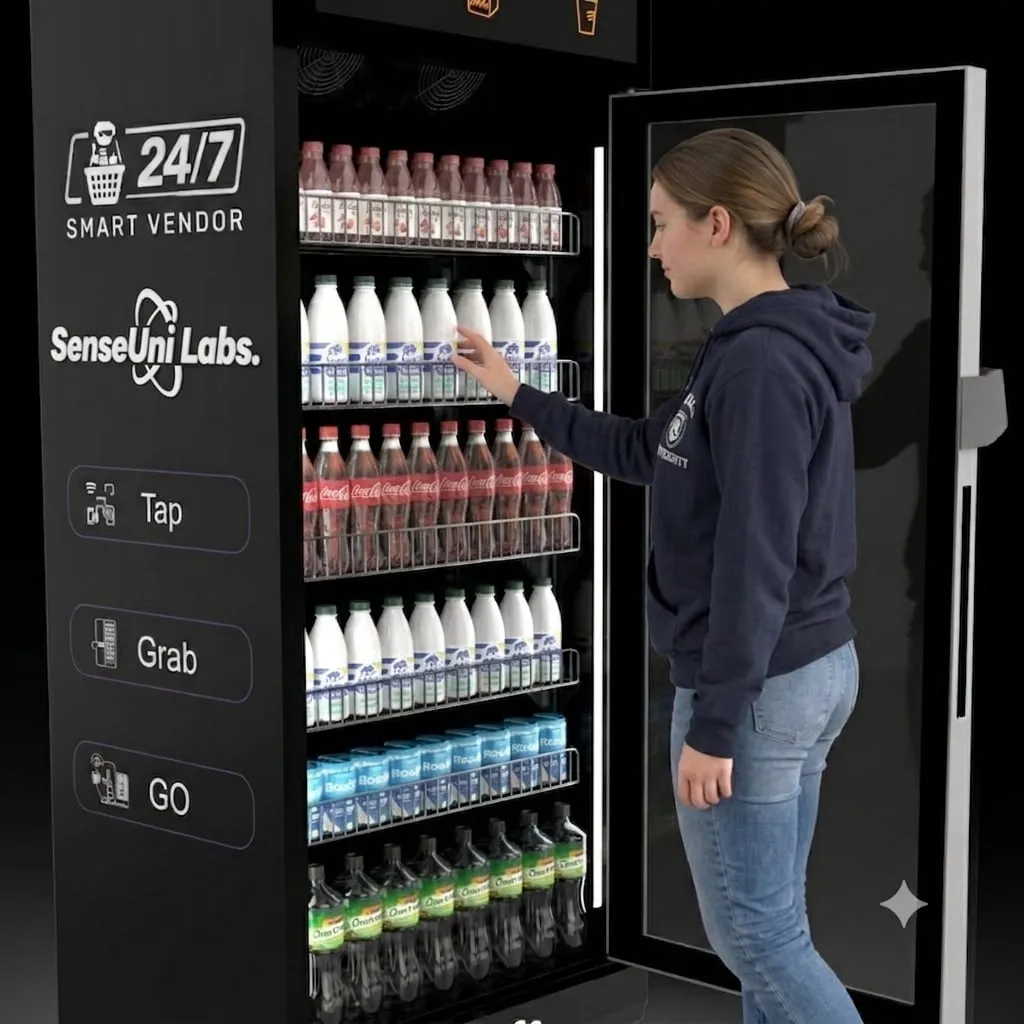 Consumer taking products from the cabinet while AI vision identifies each item